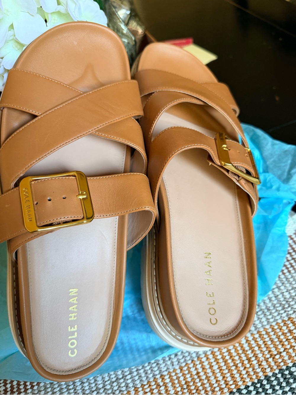 Cole Haan Cognac Leather Cross-Strap Slide Sandals with Gold Buckles